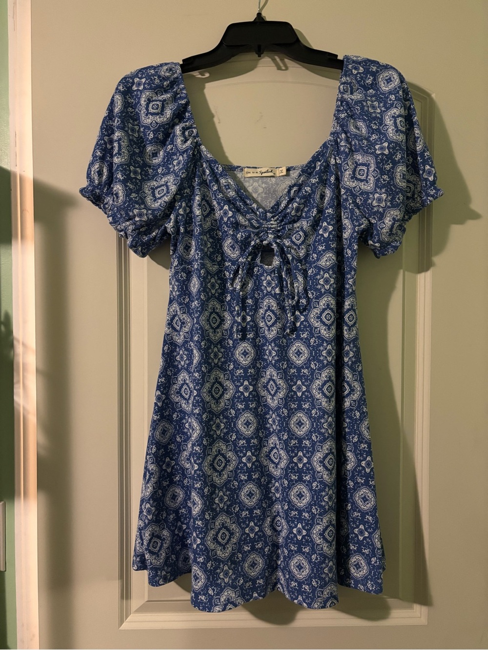 Blue Printed Tie-Front Mini Dress with Puff Sleeves